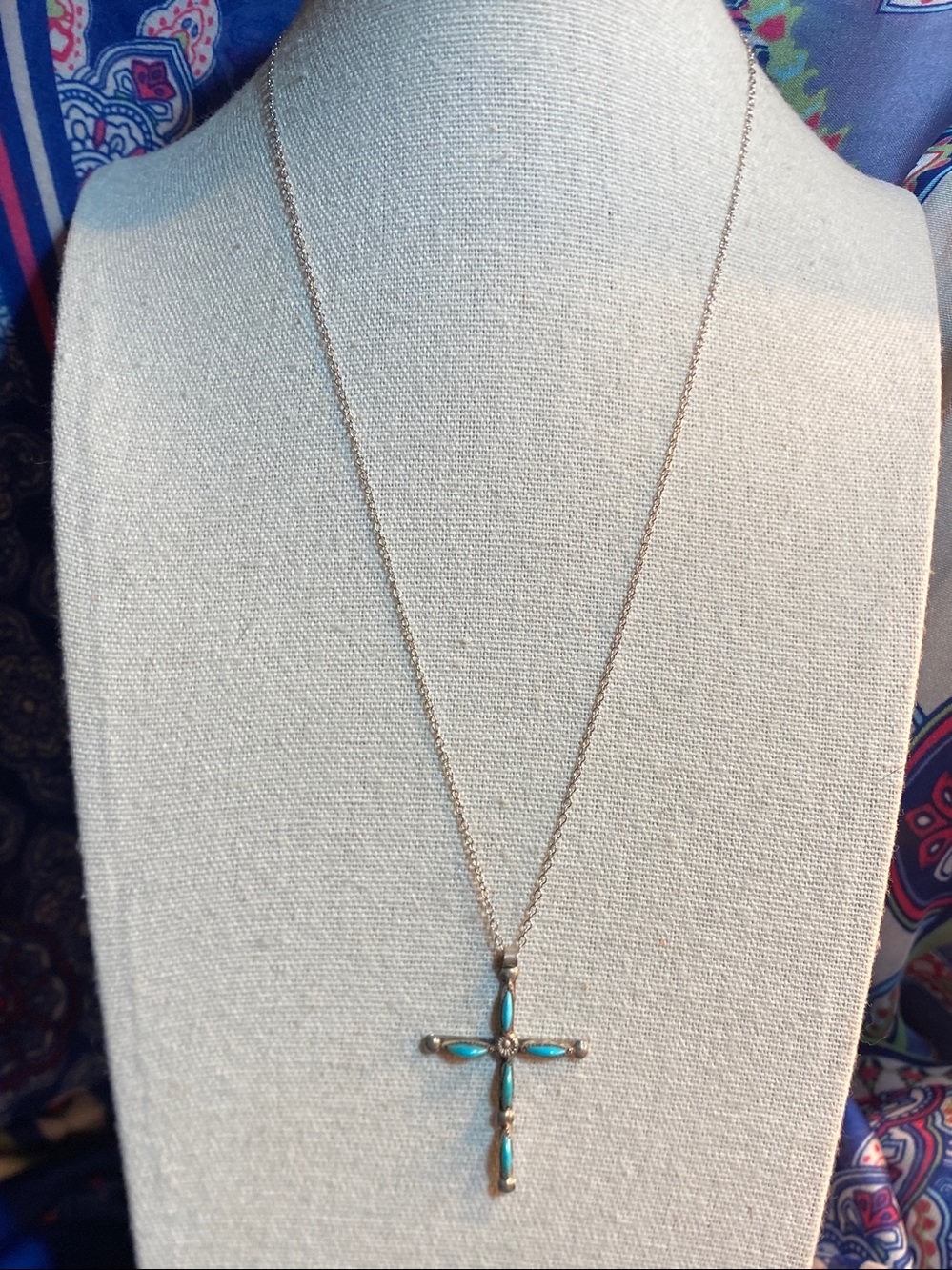 Vintage Zuni Native American Sterling Silver Turquoise Cross Necklace